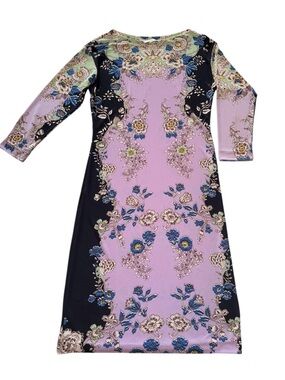 Etro Milano Floral Print Dress Made in Italy Purple Black 3/4 Sleeve Size 40 (S)